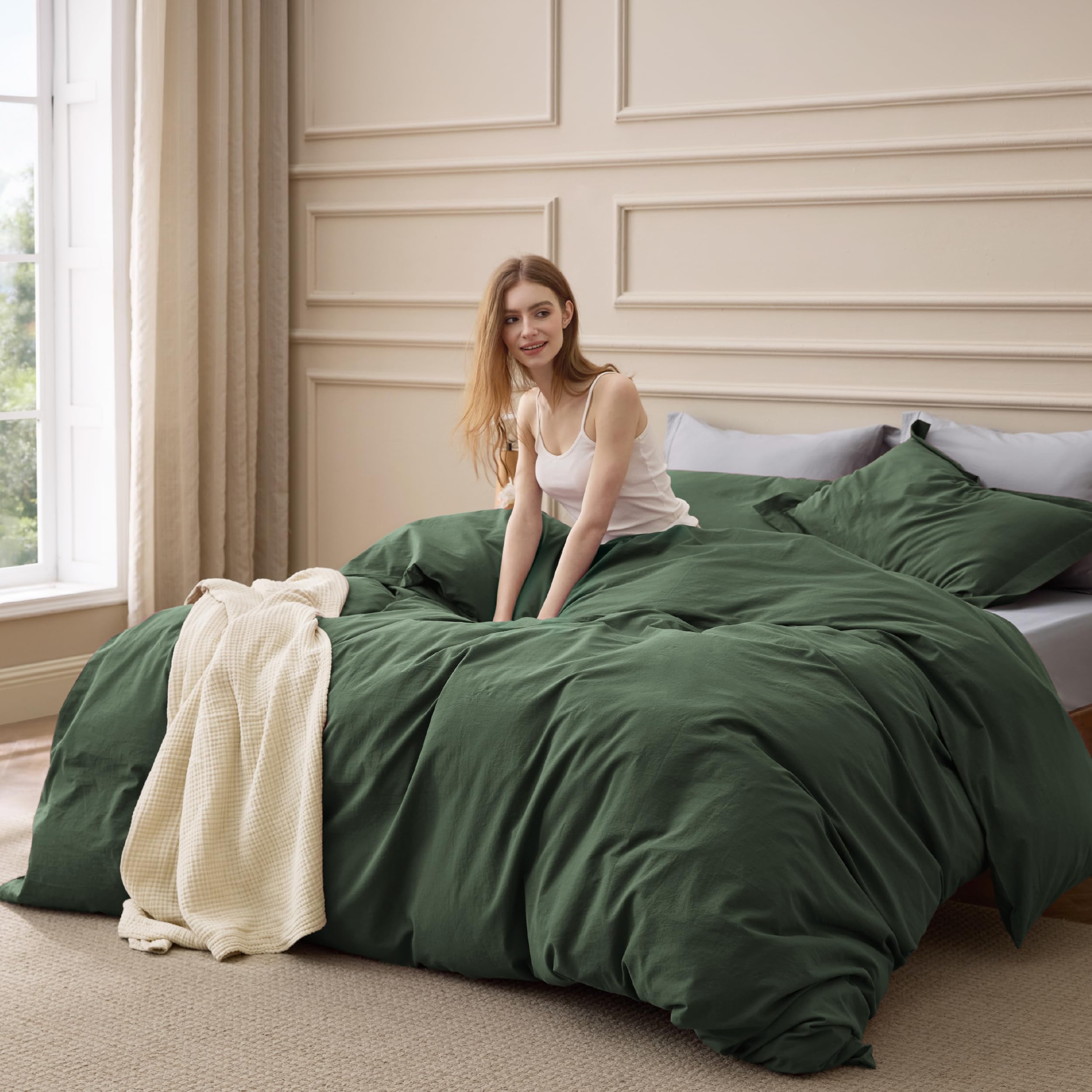Photo 1 of Bedsure 100% Washed Cotton Duvet Cover King Size - Olive Green Minimalist Duvet Cover Linen Like - PureWoven Plain Simple & Soft Comforter Cover for All Seasons (Olive Green, King, 104"x90")