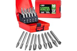STATEN TOOLS Carbide Burr Set 1/4" (6.35mm) Shank – 10 Pcs Double Cut Die Grinder Bits for Milling, Carving, Engraving, Deburring, Drilling, Hard Wood and Metals – Tungsten Carbide Drill Bit Set for Rotary Tools