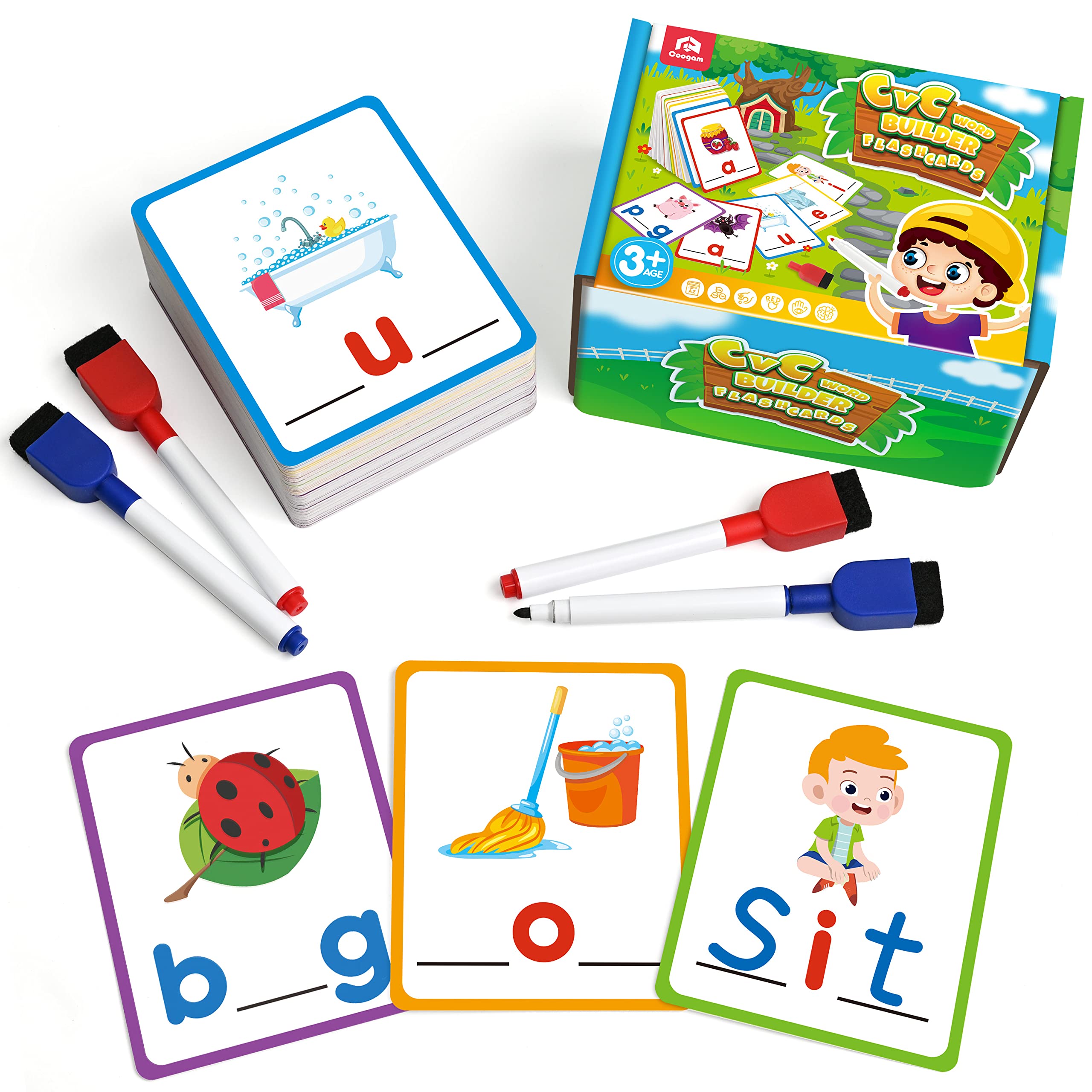 Coogam Short Vowel Spelling Flashcards, Learn to Write CVC Sight Words Color Pattern Handwriting Cards Fine Motor Educational Toy Gift for Kids 3 4 5 Years Old