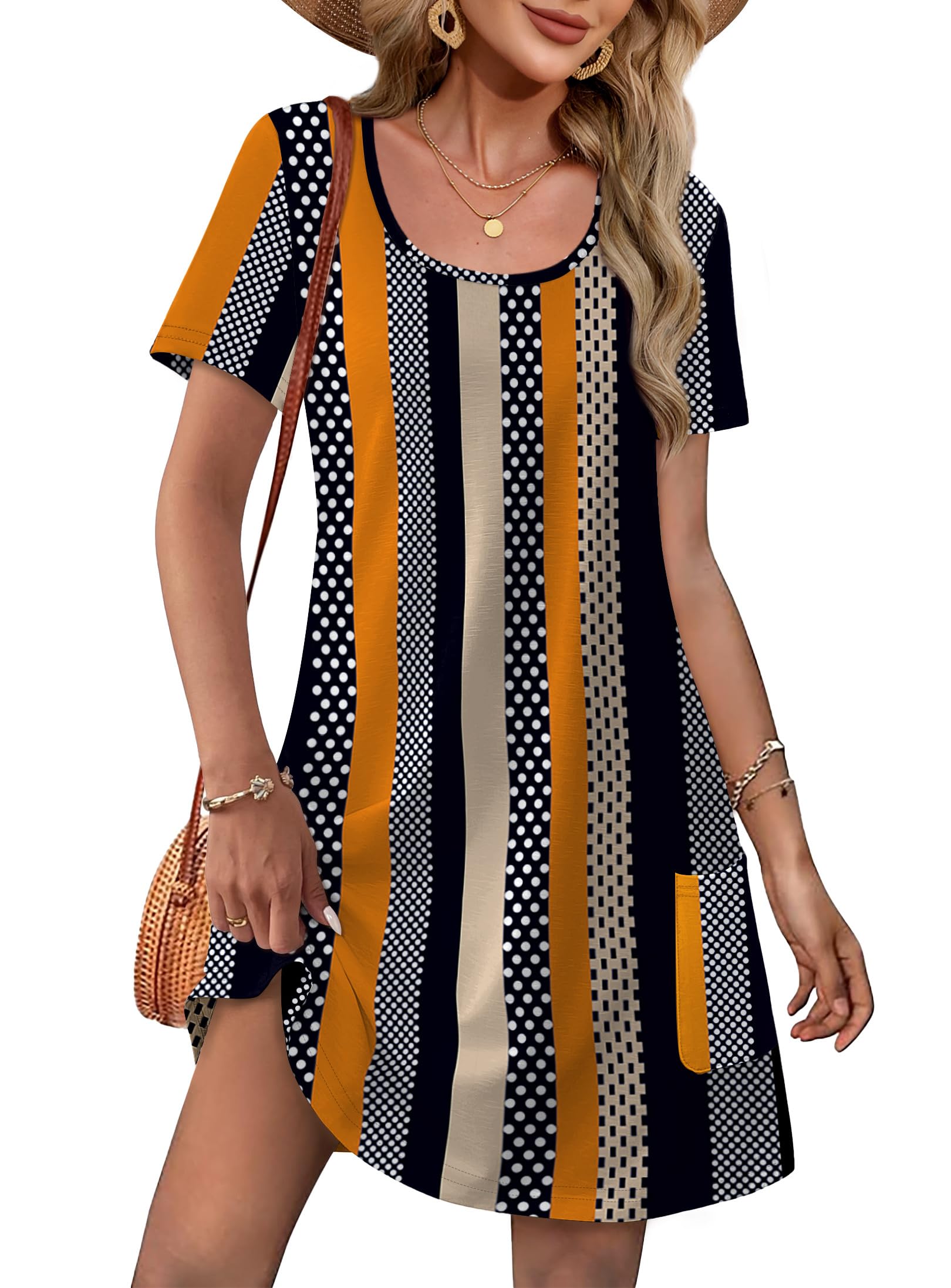 Photo 1 of OFEEFAN Summer Dresses for Women 2025 Women's Casual Dresses U Neck Short Sleeve Loose Tshirts Dress Sundresses wih Pockets Beach Vacation Clothes Floral 06 XL