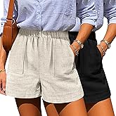 Neer 2 Pack Women's Linen Shorts Elastic Waist Casual Comfy Summer Pull on Beach Shorts with Patch Pocket