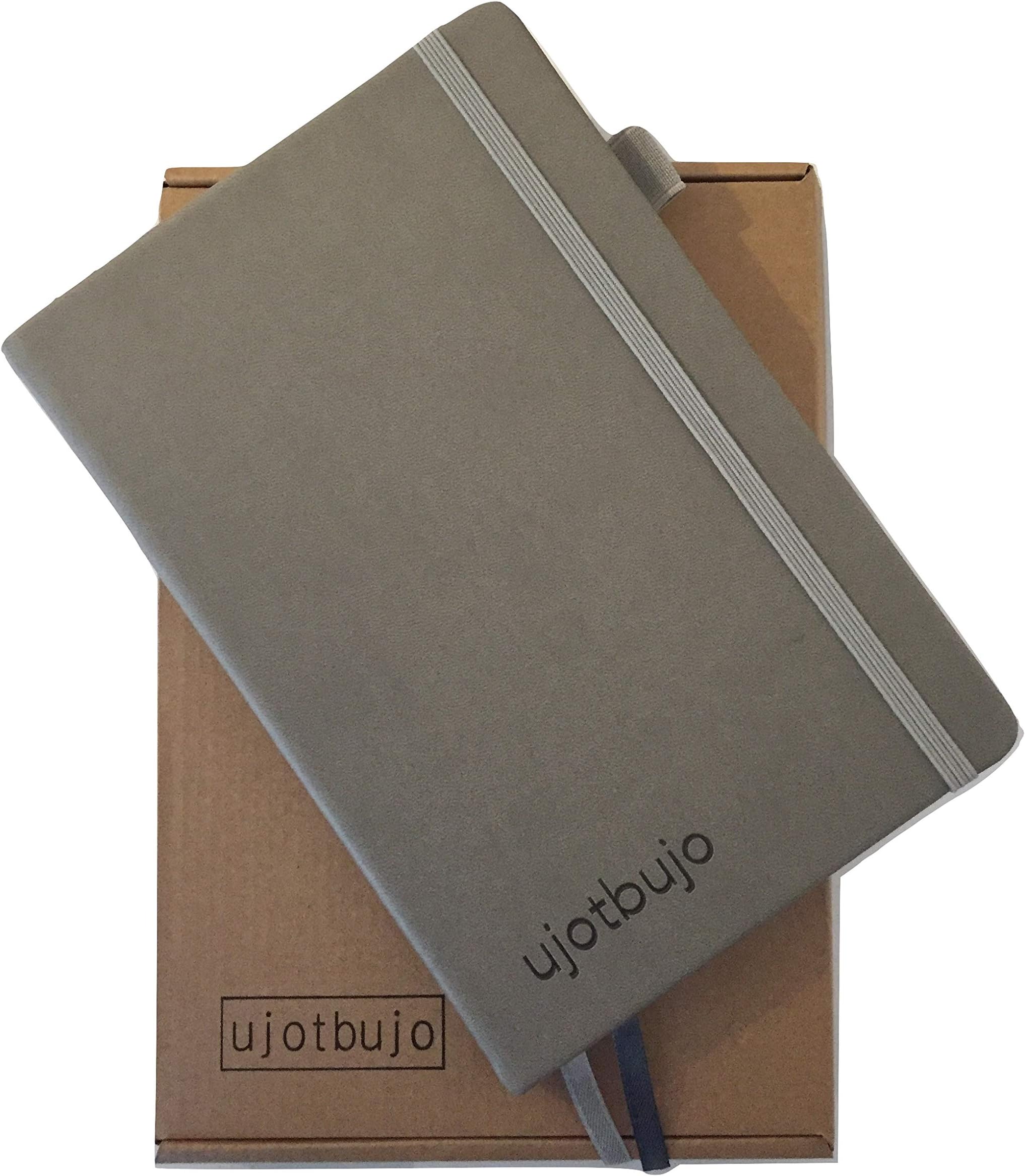 UJOTBUJO Minimalist A5 Bullet Dotted Journal Notebook 200 Dotted Pages, Grey PU Vegan Leather, 100GSM High Quality Paper, Lie Flat with Light Grey Elastic Band and Pen Holder.