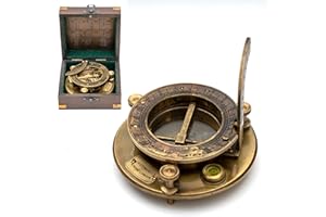 ANTIQULA Antique Look Brass Vintage Sundial Compass with Wooden Box, Fully Functional Nautical Home Decor Ship Navigation Sailor Sundial Clock, Ideal Gift Item J.H.Steward Ltd. Strand London with Chart