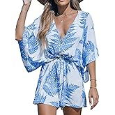 CUPSHE Women's Boho Floral Romper Short Sleeve V Neck Tie Waist Summer Beach Jumpsuit Tropical Resort Vacation Outfits
