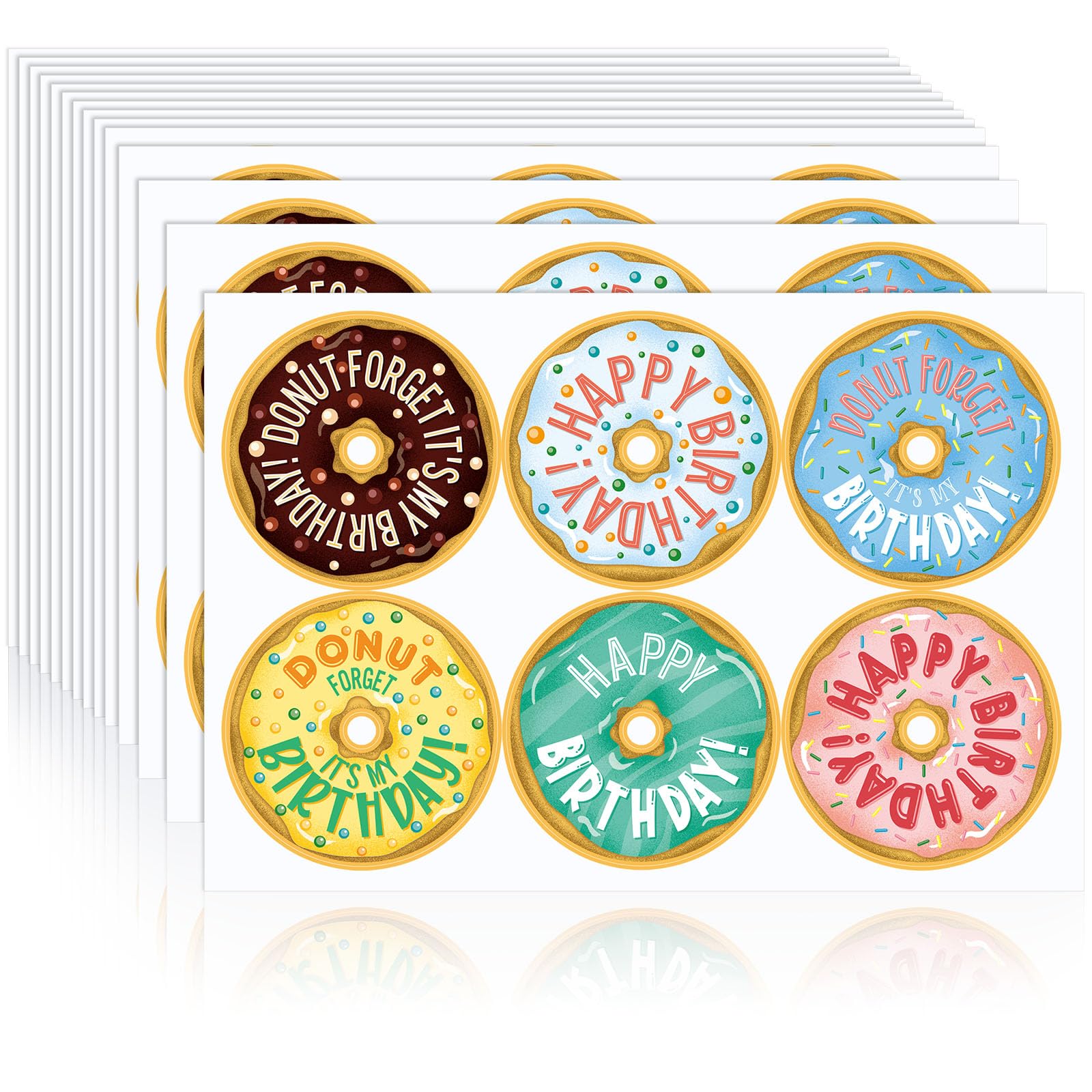 Photo 1 of Dunzoom 60 Pcs 3 Inches Medieval Mod Happy Birthday Stickers Donut Birthday Badge Stickers for Donut Party Decorations Classroom Birthday Theme Party Holiday Event Gift Supplies