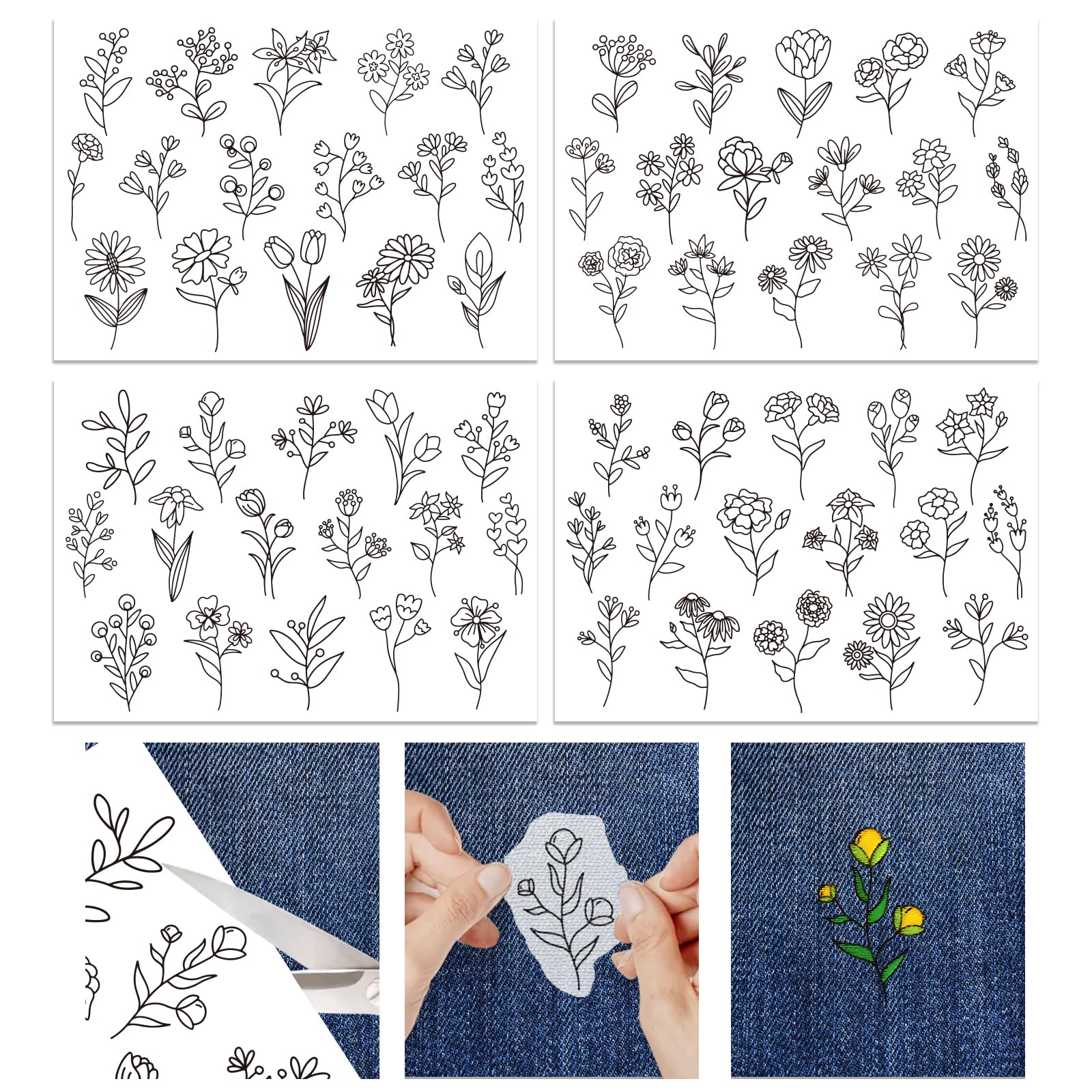 GLOBLELAND 4 Sheets Flowers Pattern Water Soluble Hand Sewing Stabilizers for Fabric Embroidery Stitch Practice Embroidery Stickers Wash Away Stabilizers for Embroidery Beginners Lovers