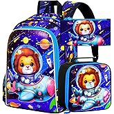 KLFVB 3PCS Boys Lion Bookbag, Water Resistant Kids Space Backpack with Lunch Box, 16" Preschool Backpacks for Elementary - Rocket Lion