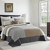 Bedduvit 100% Cotton 120"x102" Oversized Queen Bedspread - Lightweight Extra Large Quilt, Soft Comforter Bedding Set Farmhouse Patchwork Plaid Coverlets with 2 Pillow Shams, Brown/Beige/Charcoal Gray