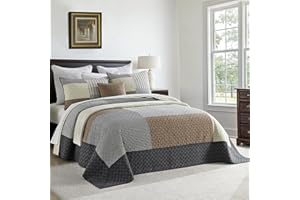 Bedduvit 100% Cotton 120"x128" Extra Large Quilt Set, Lightweight Oversized California King Bedspread, 3 Pieces Comforter Bedding Set Farmhouse Patchwork Plaid Coverlet Set, Brown/Beige/Charcoal Gray