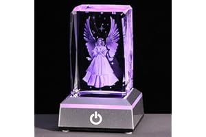YWHL 3D Crystal Guardian Angel Figurine with Colorful Light Base, Laser Engraved Glass Angel Gifts, Collectible Figurines