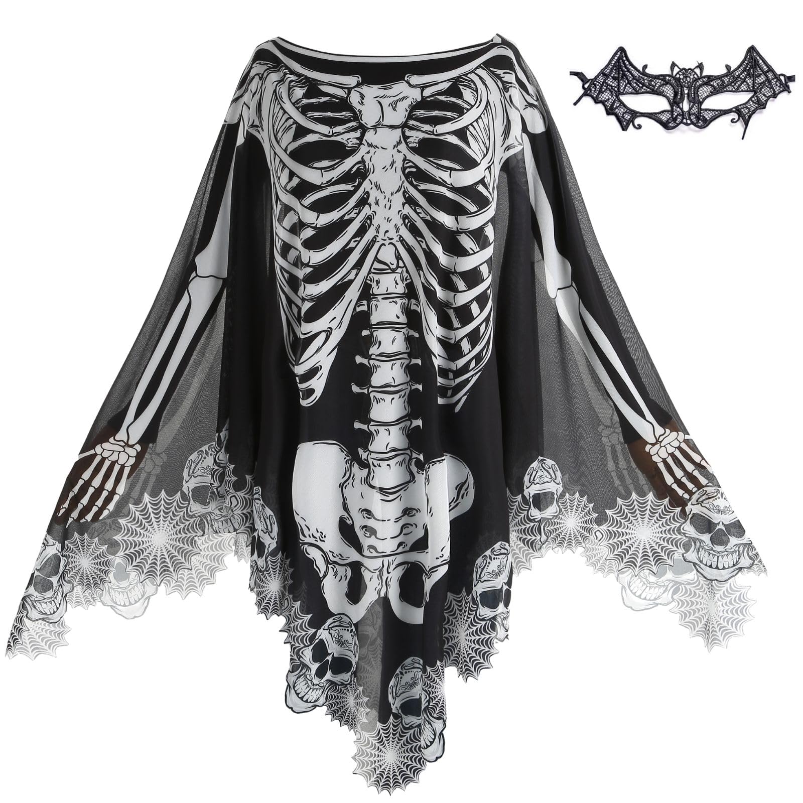 maxToonrain Halloween Ghost Costume Lace Skeleton Poncho Ghostly Spirit Day Of The Dead Scary Fancy Dress with Bat Mask 150x150CM (Spider Web, Black) — image 1