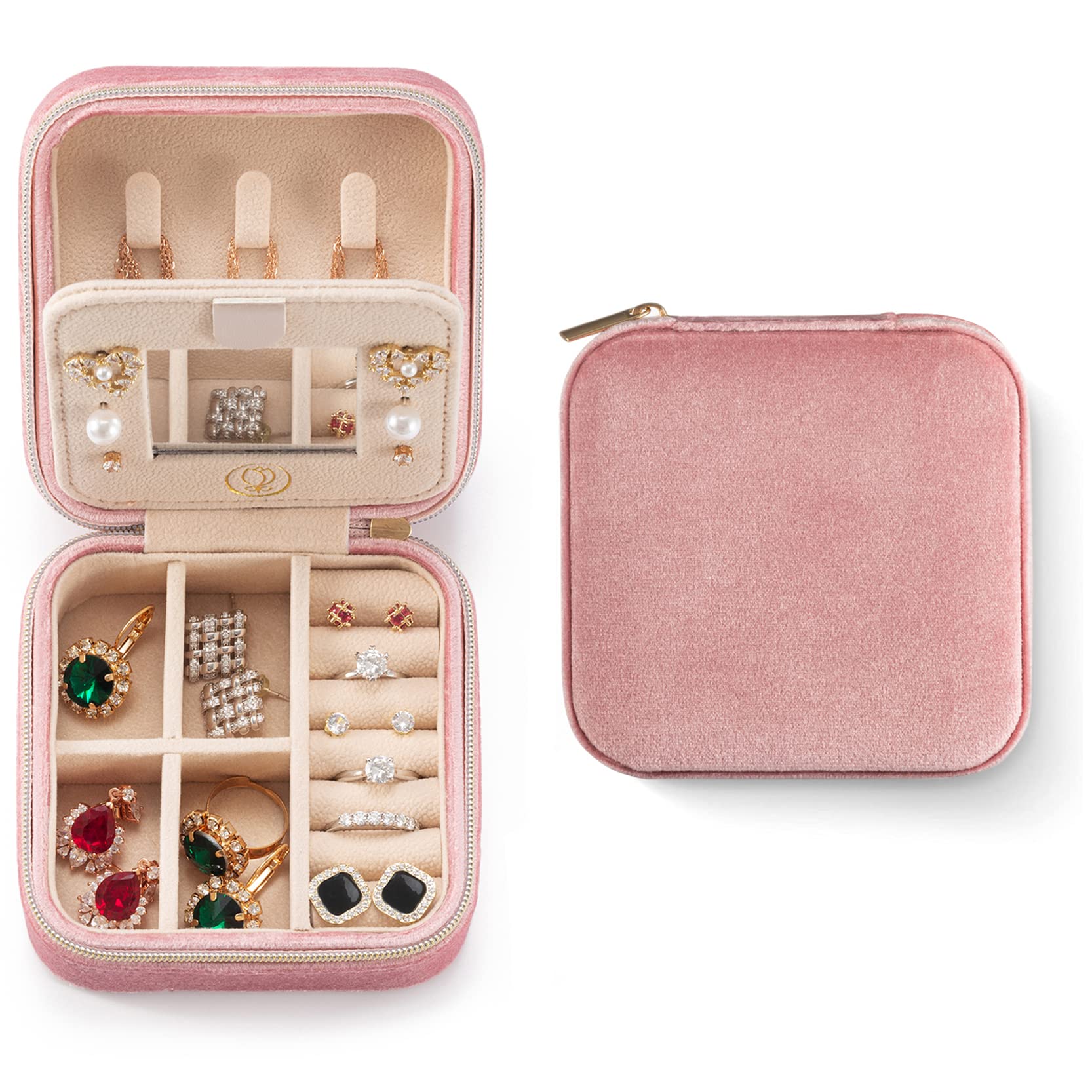 ZPROW ZPROW Plush Velvet Travel Jewelry Case, Travel Jewelry Organizer, Jewelry Travel Case, Travel Jewelry Box, Small Jewelry Case for Women, Jewelry Travel Box, Earring Organizer with Mirror - Pink