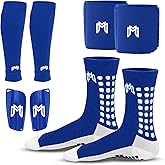 MediCaptain Soccer Grip Socks, Shin Guards, Pre Cut Sock Sleeves, and Guard Straps Bundle Pack - Essential Equipment for Soccer Players - for Mens, Women, Youth, Size 7 to 12 US Men Shoe Size