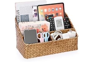 BTSKY Office Desk Organizer Natural Seagrass Desk Organizer with 4 compartments, Handmade Woven Wicker Mail Sorters, Office S