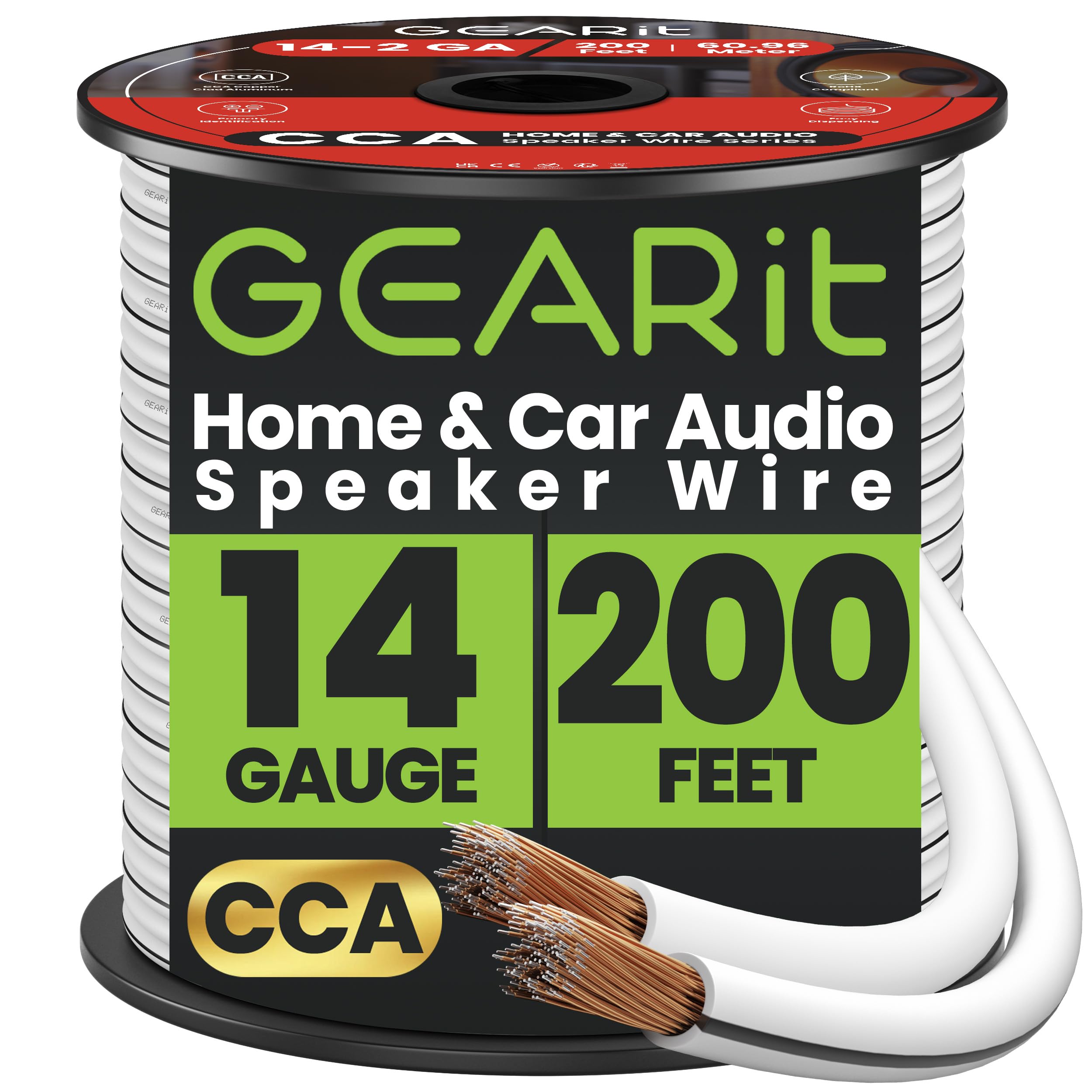 GEARit 14 Gauge Speaker Cable 200ft, 2x2.5mm² CCA Copper Clad Aluminum Speaker Wire for Hifi Home Theater Speakers & Car Audio Stereo, 14AWG Flexible Audio Cable for DIY (60.96M - White)