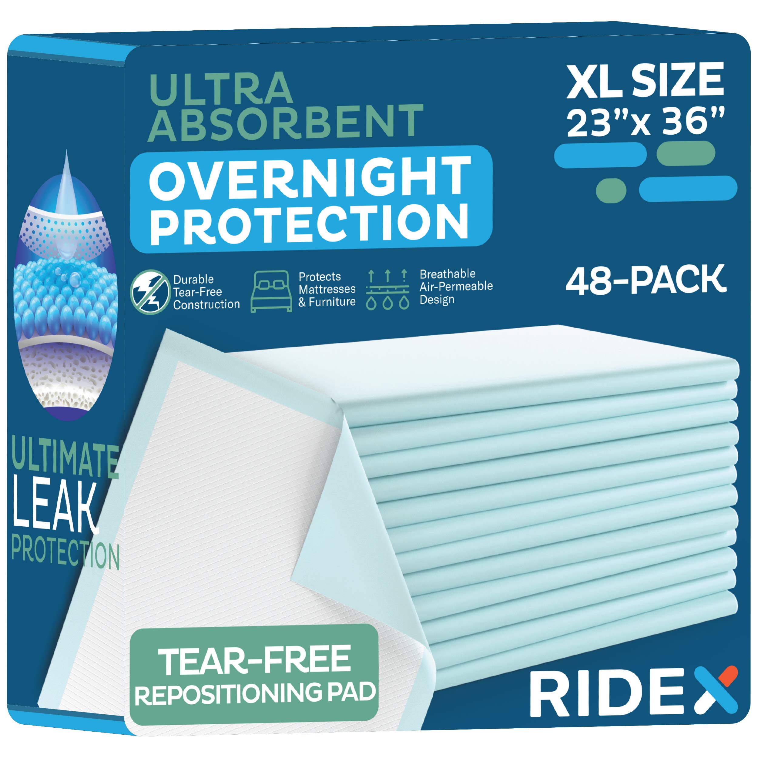Incontinence Bed Pads [47-Pack] Underpads 23 x 36" Disposable Ultra-Heavyweight Super Absorbent & Waterproof, Patient Repositioning [375 lbs.] Maximum Strength Breathable Backsheet for Skin Protection