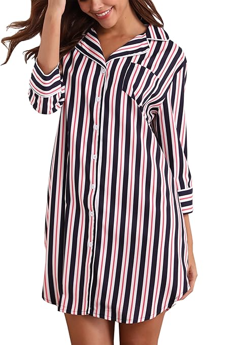 Giorzio Damen Nachthemd Knopfleiste Baumwolle Sleepshirt Kurzarm V-Ausschnitt Nachtwäsche Schlafanzugoberteil mit Brusttasche