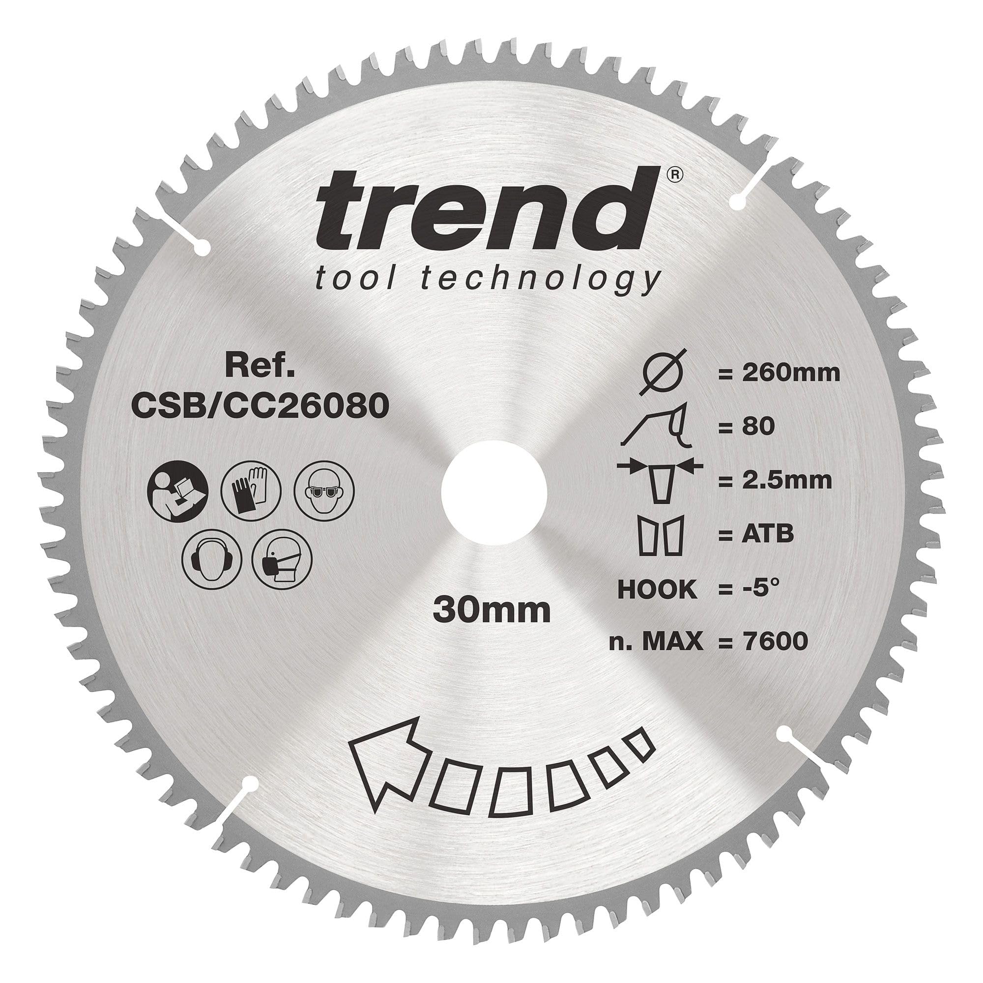 Trend Wood Mitre Saw Blade, 260mm Diameter, 30mm Bore, 80 Teeth, 2.5mm Kerf, -5° Hook, TCT, Extra-Fine Finish, CSB/CC26080