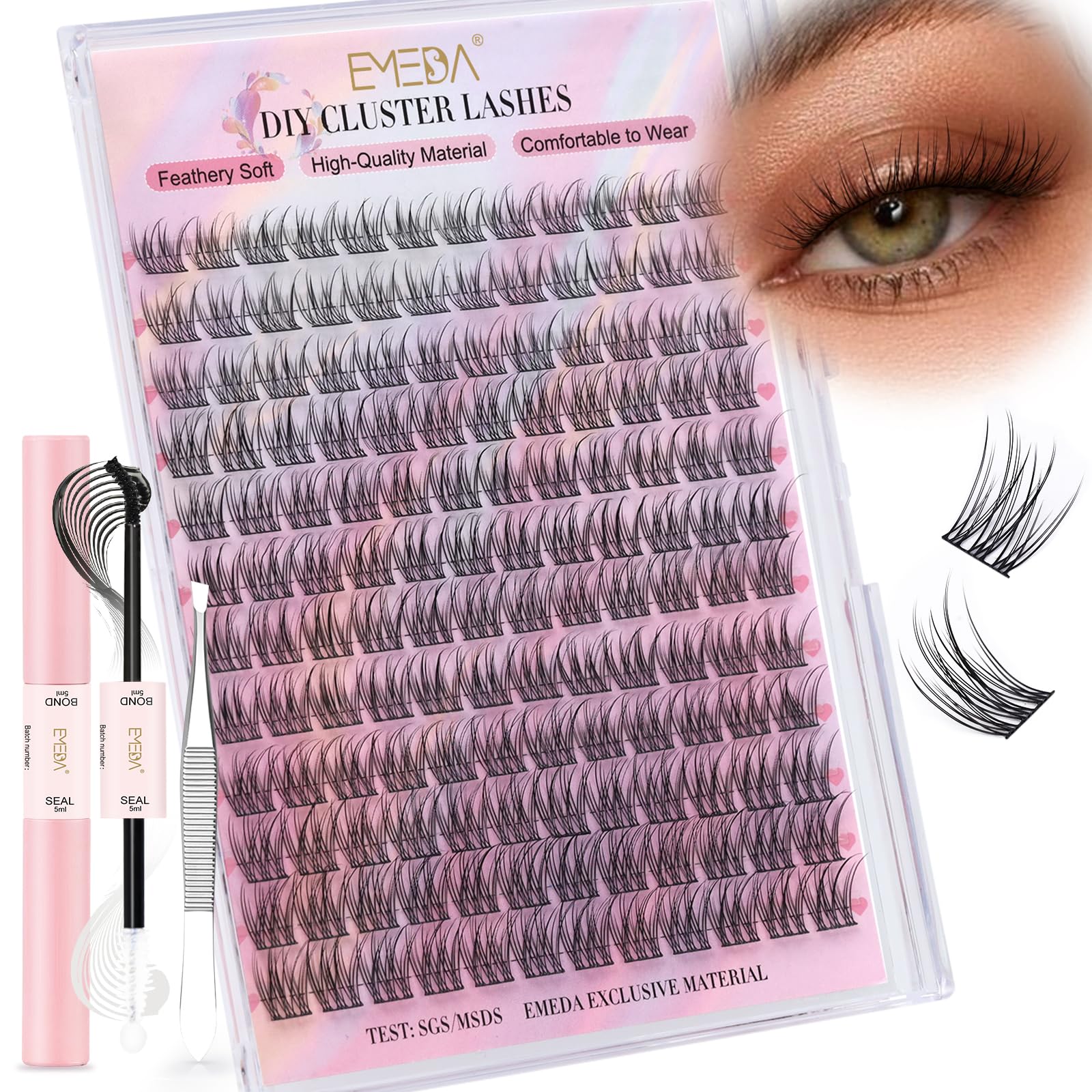 EMEDA Lash Clusters kit, Individual Lashes Wispy & Natural Cluster Lashes with Bond and Seal Tweezers Soft Thin Band eyelash extension kit 12mm Mix (EME134 12mm) โ image 1