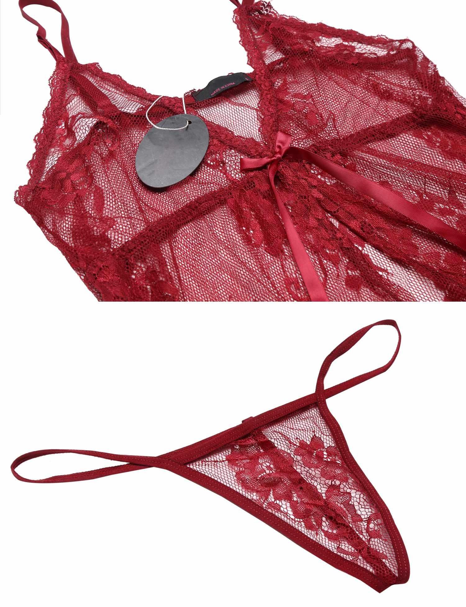 SloMes Floral Lace Nightwear Open Stitch Bodysuit Sexy Sleepwear G-String Lingerie Set