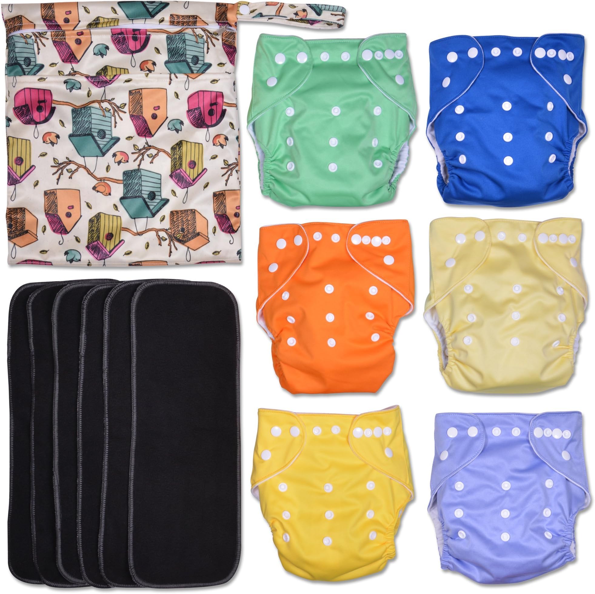 Garden Party 13-Piece Baby Gift Set - Pack of 6 Cloth Diapers, 6 Bamboo Charcoal Inserts and WetDry Bag, Baby Gift All in One Cloth Diaper Set B