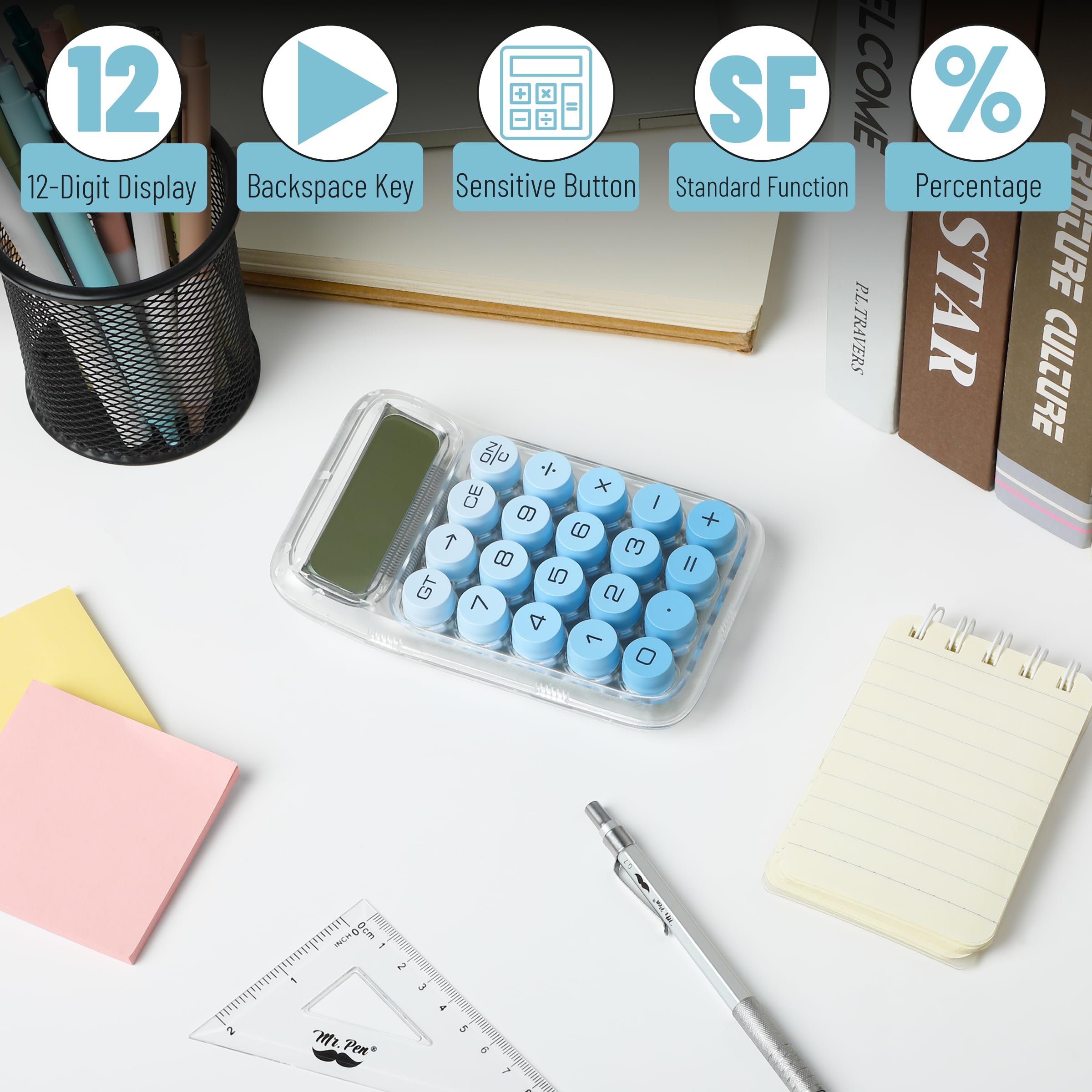 Mr. Pen- Mechanical Switch Calculator, 10 Digits, Blue, Transparent Body, Large LCD Display, Big Buttons, Desktop, Cute, Aesthetic