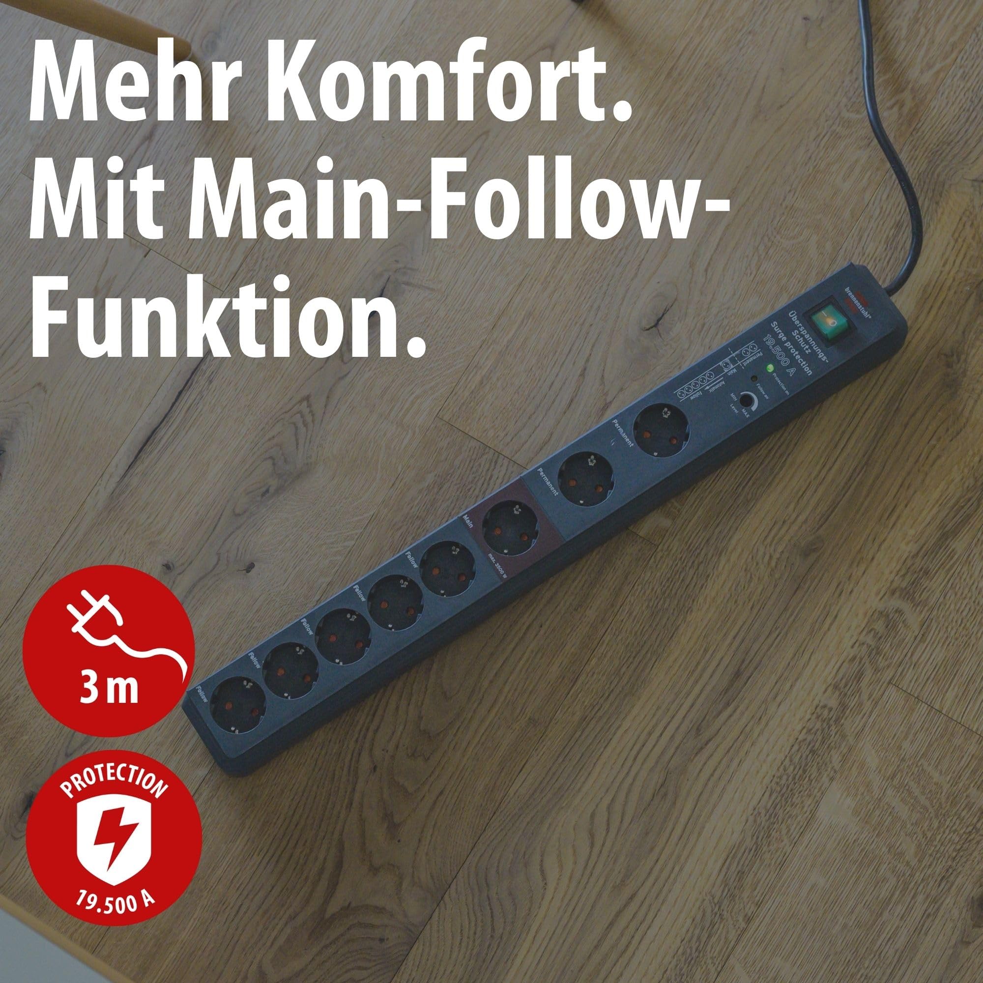 Brennenstuhl Secure-Tec Steckdosenleiste 8-Fach mit Überspannungsschutz und Main Follow Funktion (Mehrfachsteckdose mit 3m Kabel und Schalter) anthrazit 2