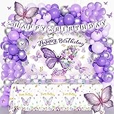 Party Inspo Butterfly Birthday Decorations Girl, Purple Butterfly Party Supplies Set, 151Pcs Floral Themed Party Decorations with Happy Birthday Backdrop Balloon Garland Kit Banner Flower Tablecloth