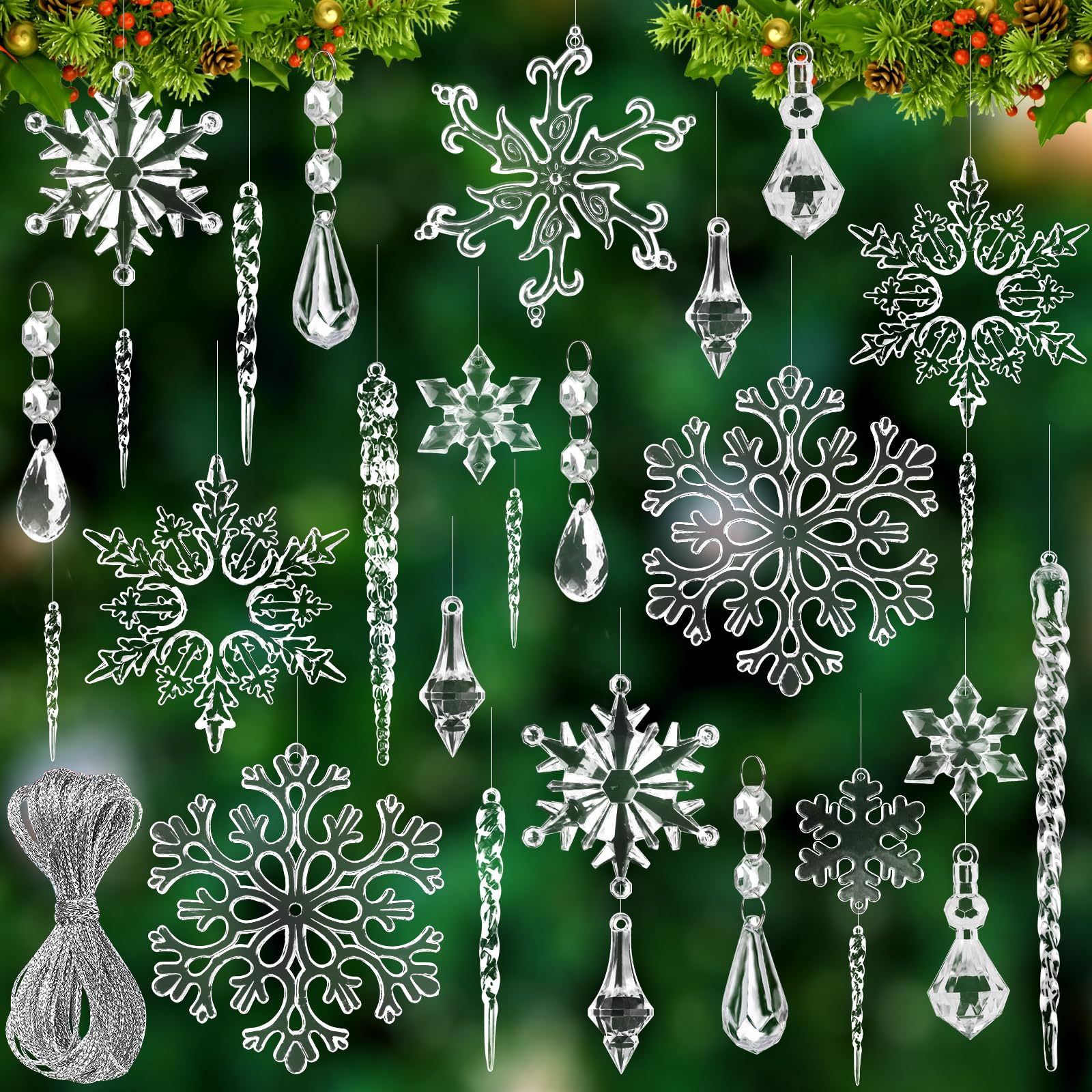 DTYDECLE 36pcs Clear Christmas Tree Pendants, Acrylic Crystal hanging Set Xmas Tree Snowflake Icicles Teardrop Hanging Ornaments with Strings for Christmas Tree Party Hanging Indoor Decoration