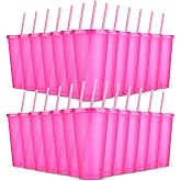 LEIFEOSH 24 Pack Plastic Tumblers with Lids and Straw, Reusable Cups with Lids and Straws Colorful Cups for Cold Drink Iced Coffee, Plastic Tumbler Bulk for Party Birthday Gifts (24 oz, Pink)