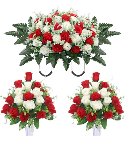 Artificial Cemetery Flowers With Vase & Saddle - Realistic Rose & Carnation Bouquets For Grave Decor - Weather-Resistant - View #8