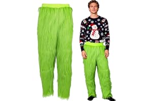 JUIWAULY Mens Green Furry Pants Adult Christmas Funny Cosplay Costume Props Green Santa Costume Trousers for Men Women