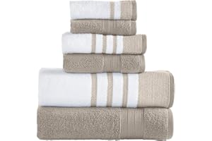 Modern Threads 6 Piece Set, 2 Bath Towels, 2 Hand Towels, 2 Washcloths, Quick Dry White/Contrast Reinhart Tan