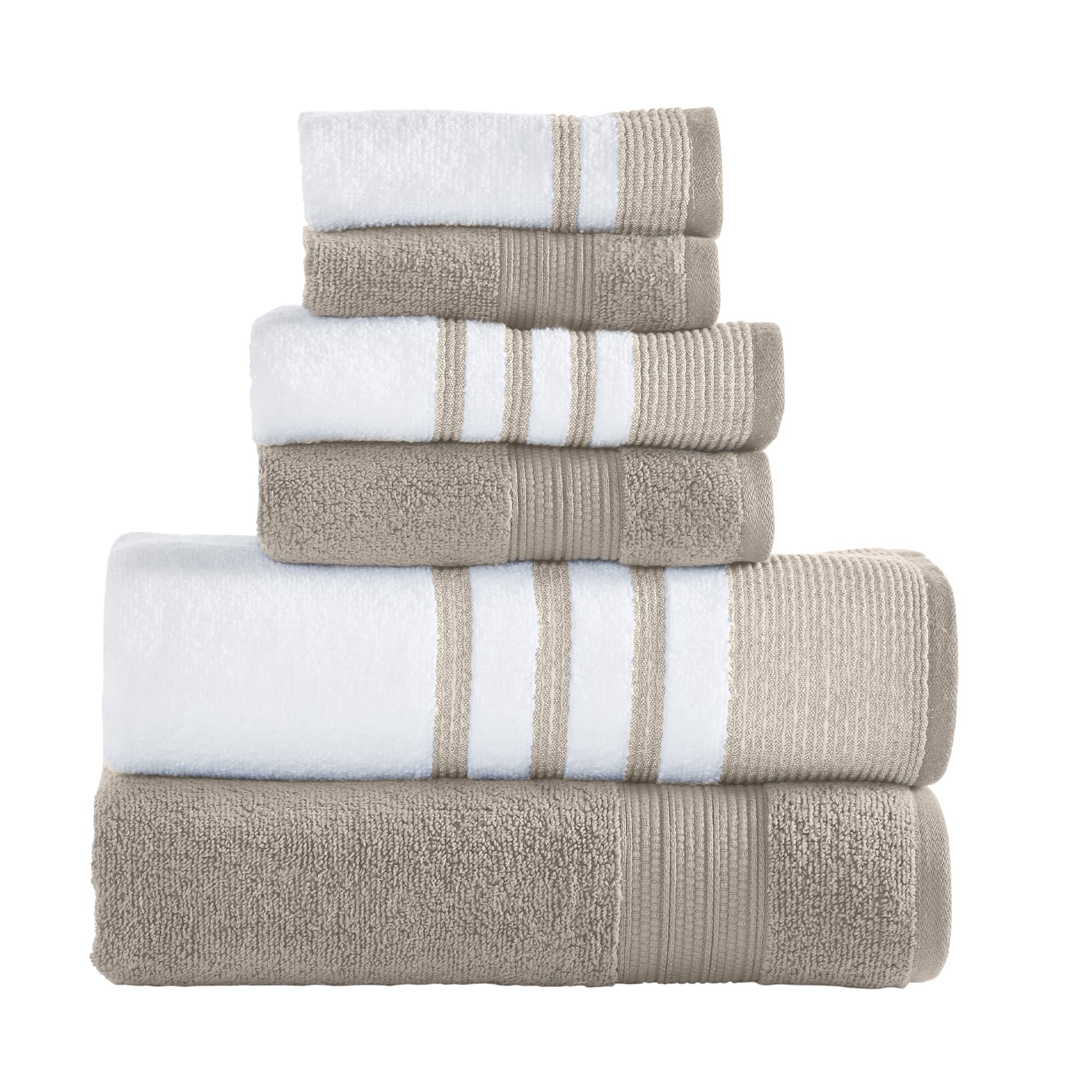 Photo 1 of Modern Threads 6 Piece Set, 2 Bath Towels, 2 Hand Towels, 2 Washcloths, Quick Dry White/Contrast Reinhart Tan