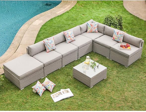 Amazon Com Cosiest 8 Piece Outdoor Furniture Set Warm Gray Wicker Sectional Sofa W Thick Cushions Glass Coffee Table 1 Ottoman 6 Floral Fantasy Pillows For Garden Pool Backyard Garden Outdoor