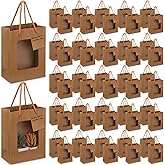 Fuutreo 50 Pcs Brown Kraft Paper Gift Bags with Window 7.5 x 3 x 6 In, Handles & Tags for Wedding, Valentine's, Mother's Day Gift Wrap