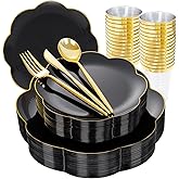 ejonirinjonir EI 180pcs Black Plastic Plates with Gold Plastic Silverware,Black and Gold Plates Disposable,Heavy Duty Plate for Party,Wedding,Anniversary,Spring Afternoon Tea Business Event
