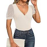 Fayenne Womens Tops Deep V Neck Cross Wrap Sexy Tops Polka Dot Mesh Short Sleeve T Shirt Casual Blouses