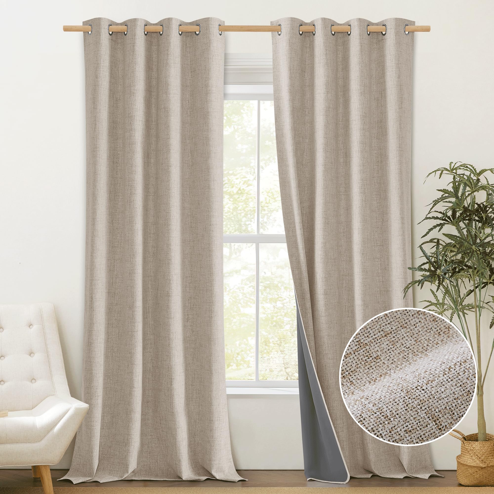 PONY DANCE 100% Blackout Curtain - Beige Linen Look Curtains Thermal Coating Curtains with Eyelet, 52 inches Wide x 90 inches Black Out Window Drapes, Energy Saving Drapes for Living Room, 2 Panels