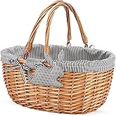 G GOOD GAIN Oval Picnic Basket with Folding Handles, Willow Hand Woven Shopping Basket, Bath Storage Gift Packing Basket, Wicker Empty Easter Eggs and Candy Small Gift Basket. Grey