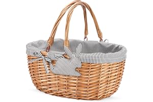G GOOD GAIN Oval Picnic Basket with Folding Handles, Willow Hand Woven Shopping Basket, Bath Toy Kids Toy Storage Gift Packing Basket, Wicker Empty Easter Eggs and Candy Small Gift Basket. Grey