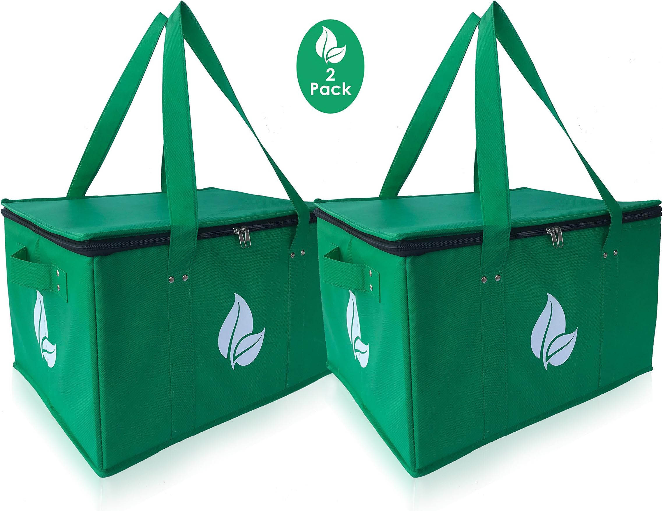 Insulated Reusable Grocery Shopping Box Bag Deluxe Set Stands Upright with REINFORCED BOTTOM AND SIDES Zipper Top Lid in Eco Green Color (Set of 2)