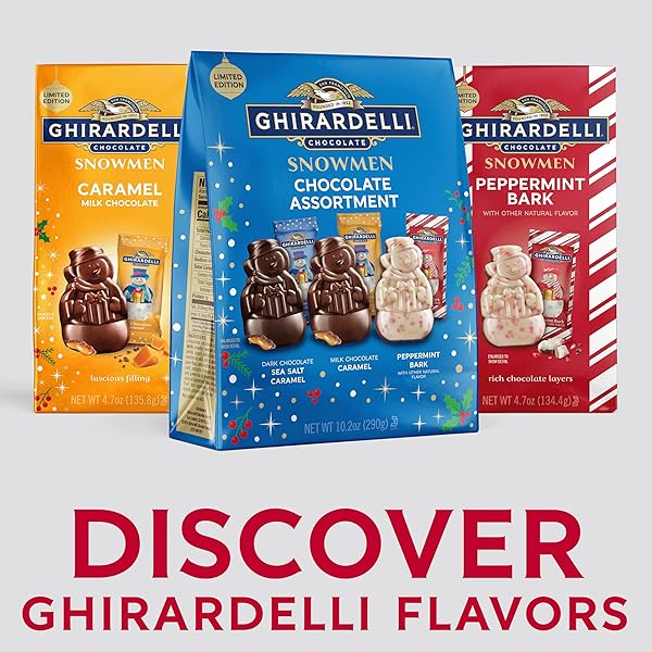 GHIRARDELLI CHOCOLATE ASSORTED SNOWMEN, HOLIDAY COLLECTION WITH MILK CHOCOLATE CARAMEL, DARK CHOCOLATE SEA SALT CARAMEL, AND PEPPERMINT BARK, 10.2 OZ BAG