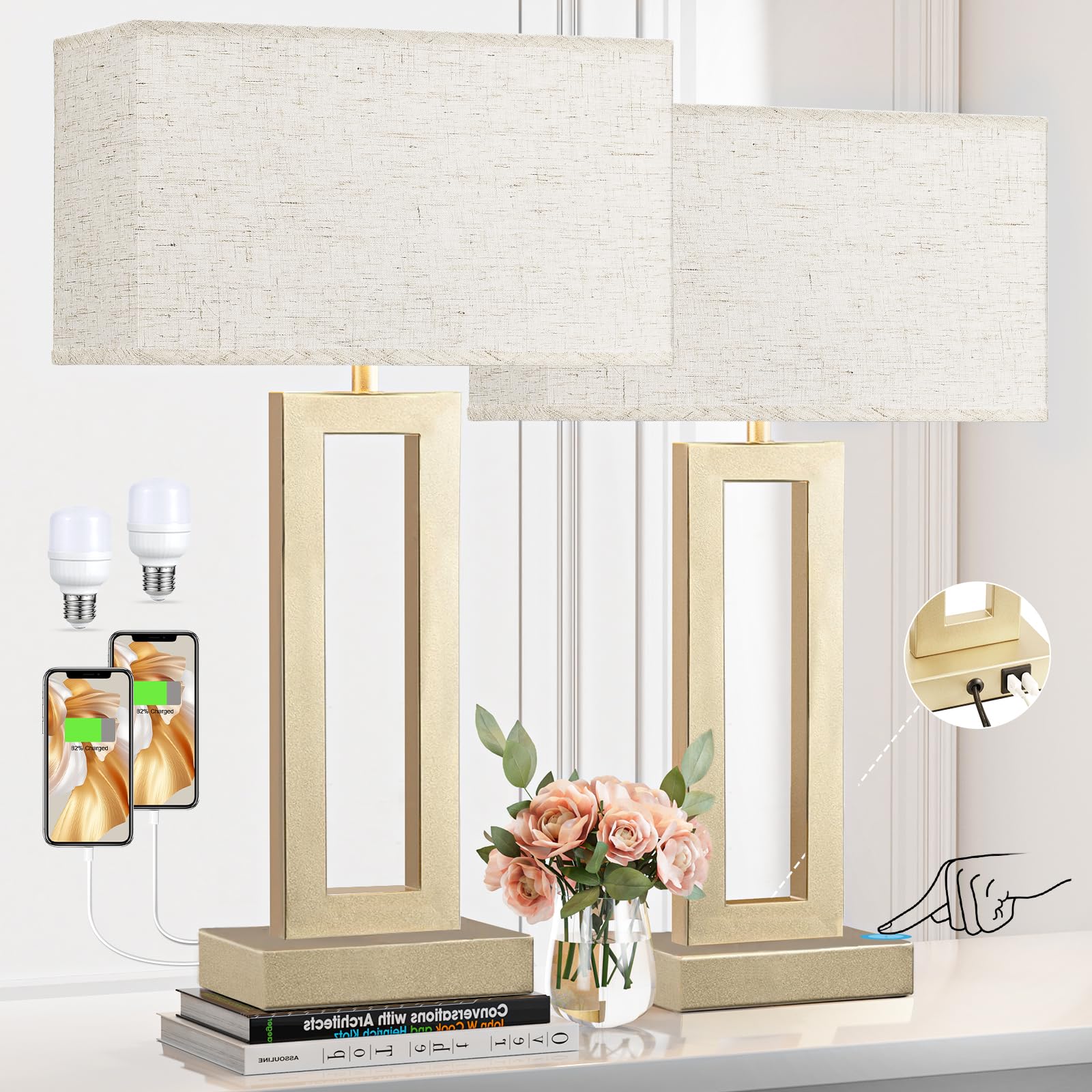 Photo 1 of ***(SHADE IS BLACK/ STOCK PHOTO FOR REFERENCE ONLY)***Seealle 22" Tall Bedroom Lamps for Living Room - Touch Gold Bedside Lamps with USB C+A, 3 Way Dimmable Lamp for Nightstand, Modern Night Stands Lamps for End Tables(Beige&Gold)