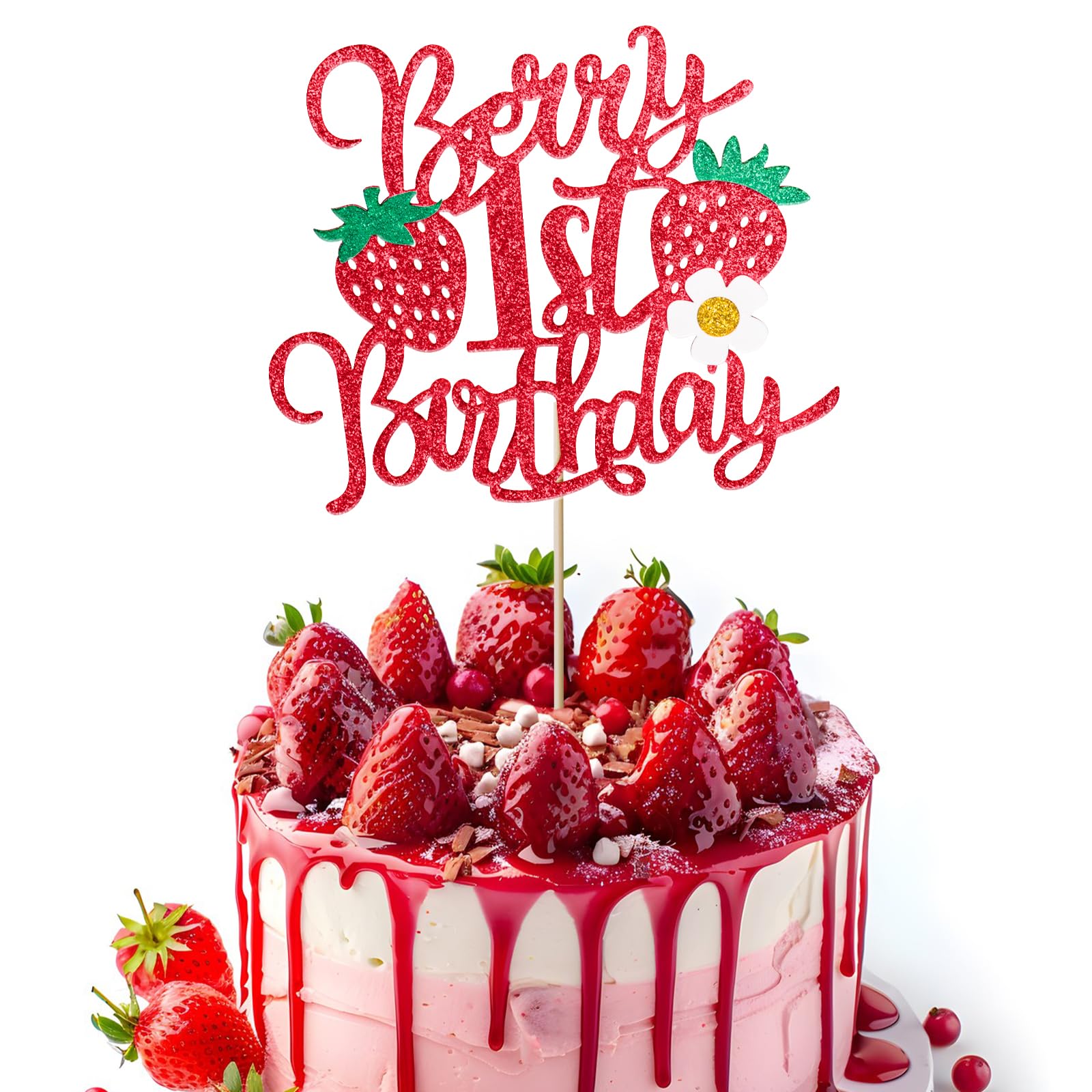 Photo 1 of 1pcs Berry 1st Birthday Cake Topper Flower Glitter Strawberry Theme 1st Birthday Cake Pick for Sweet Fruit Theme Baby Shower First Birthday Party Cake Decorations Supplies