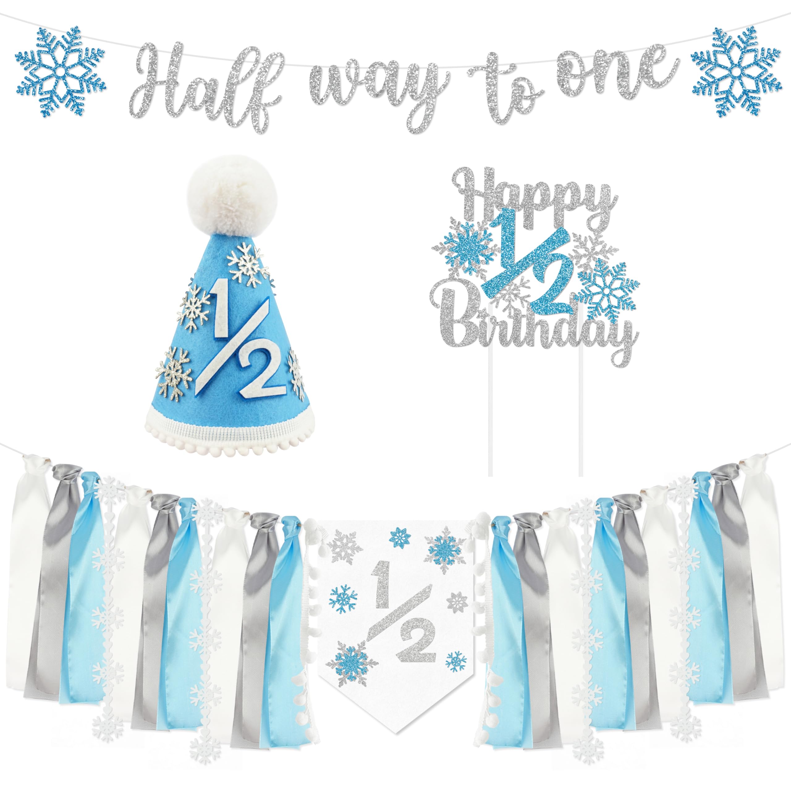Photo 1 of 1/2 Birthday Snowflake Half Birthday Decorations - Snowflake It's My 1/2 Birth Banner Glitter Cake Topper Tassel High Chair Banner & Crown, Hat Halfway to One Boy Girl Party Supplies