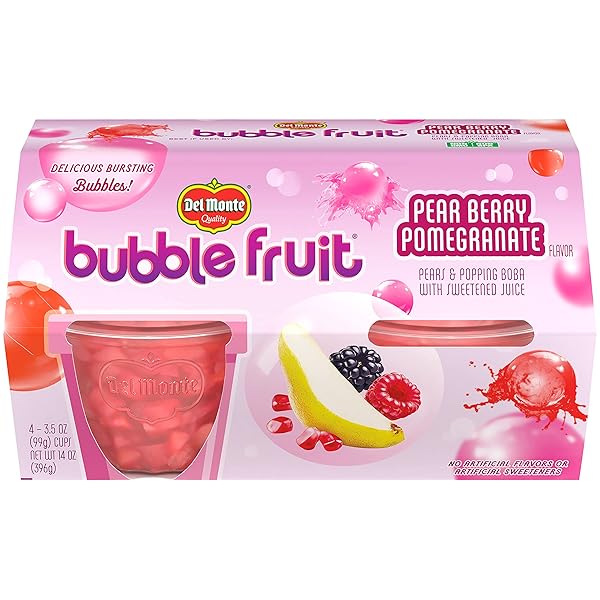 DEL MONTE BUBBLE FRUIT PEAR BERRY POMEGRANATE PEARS & POPPING BOBA WITH SWEETENED JUICE 4-3.5 OZ. CUPS, RED