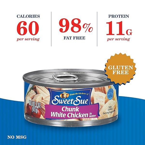 SWEET SUE CANNED CHICKEN BREAST WITH RIB MEAT IN WATER – 11G PROTEIN PER SERVING – GLUTEN FREE, KETO FRIENDLY – WHITE CHICKEN CHUNKS GREAT FOR SNACK, LUNCH OR DINNER RECIPES – 5 OZ (PACK OF 24)