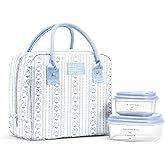 Fit & Fresh Bloomington Lunch Bag for Women - Insulated Large Lunch Box for Work with Containers, Leak-Resistant, Stain-Resistant, Zipper Closure, Blue Wallpaper Bows