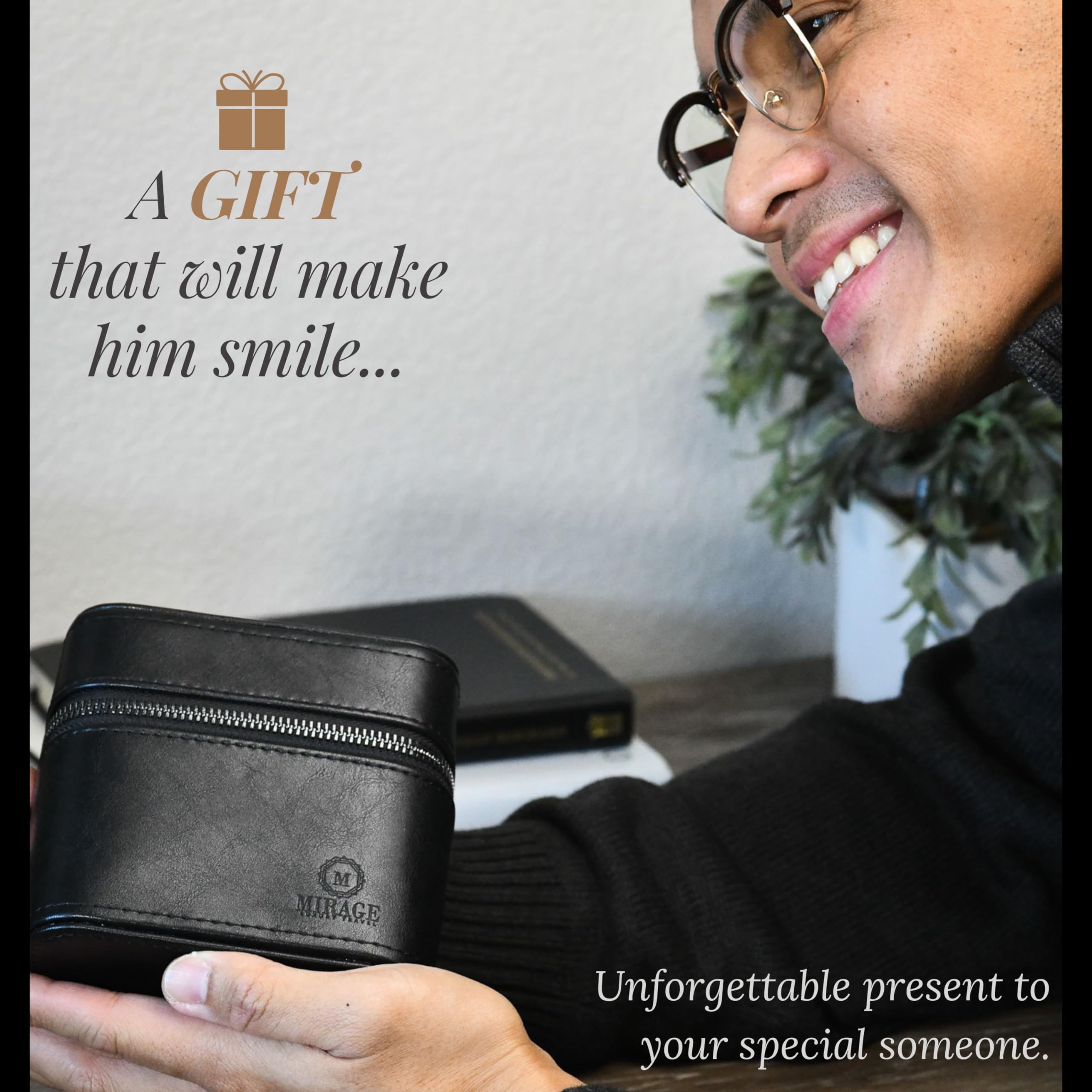 Leather Travel Watch Jewelry Case for Men – Watch Band, Cufflinks Storage Box for Travel - Obsidian Black Swiss-Motif Genuine Leather